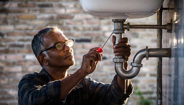 experienced-plumber-fixing-sink-pipe-with-screwdriver-skilled-handyman-repairing-plumbing-system-in-service-business-photo